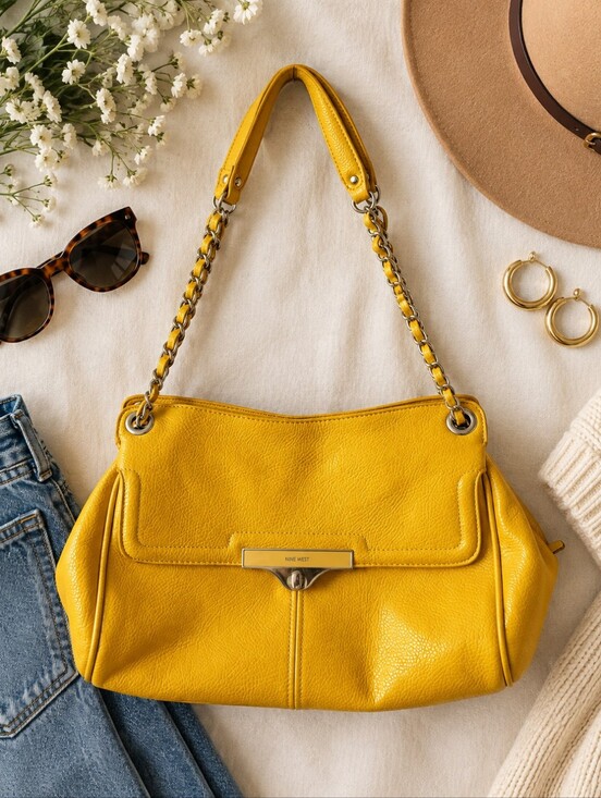 Nine West Handbags - Nine West Yellow Leather Shoulder Bag with Silver Chain Strap